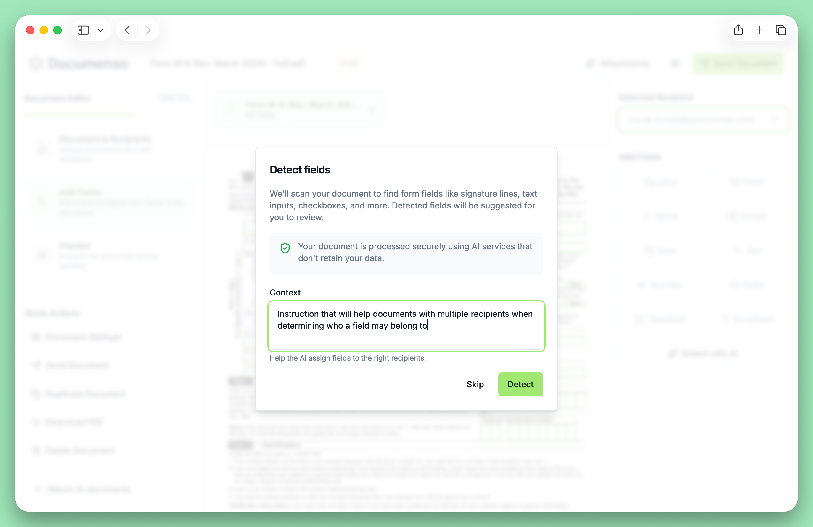AI field detection dialog with context input