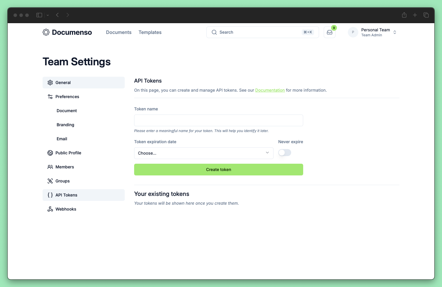 API tokens page