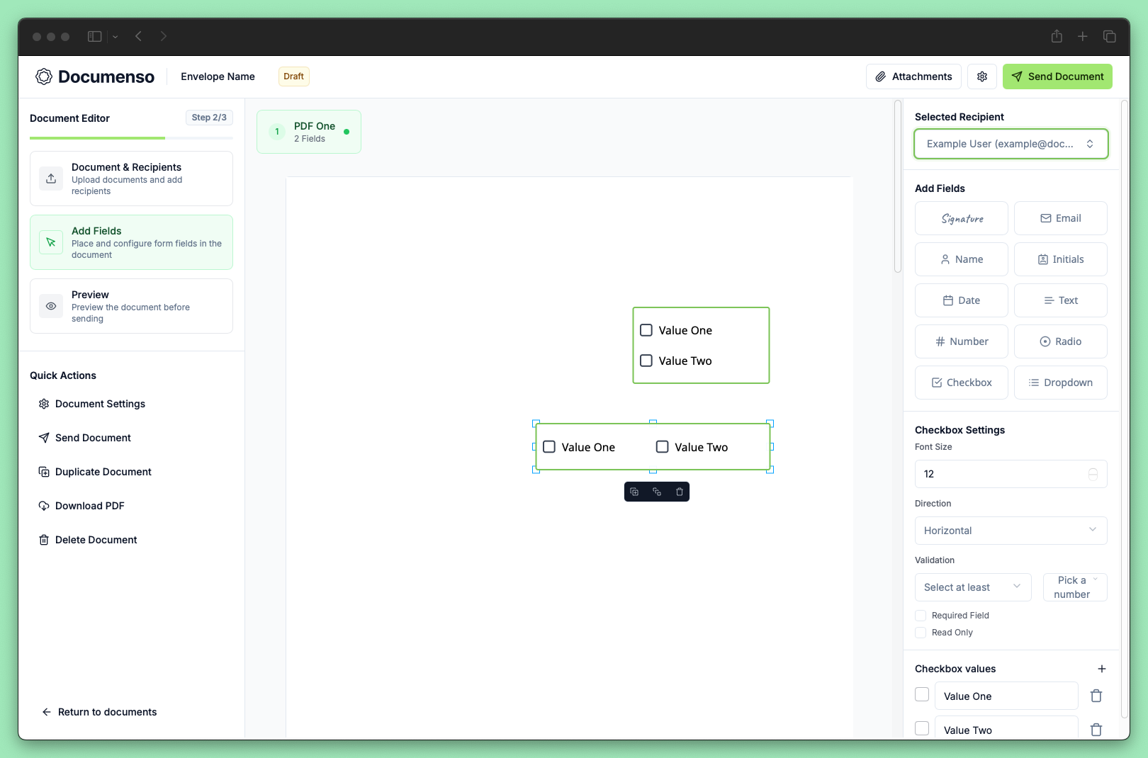 Checkbox field in the document editor