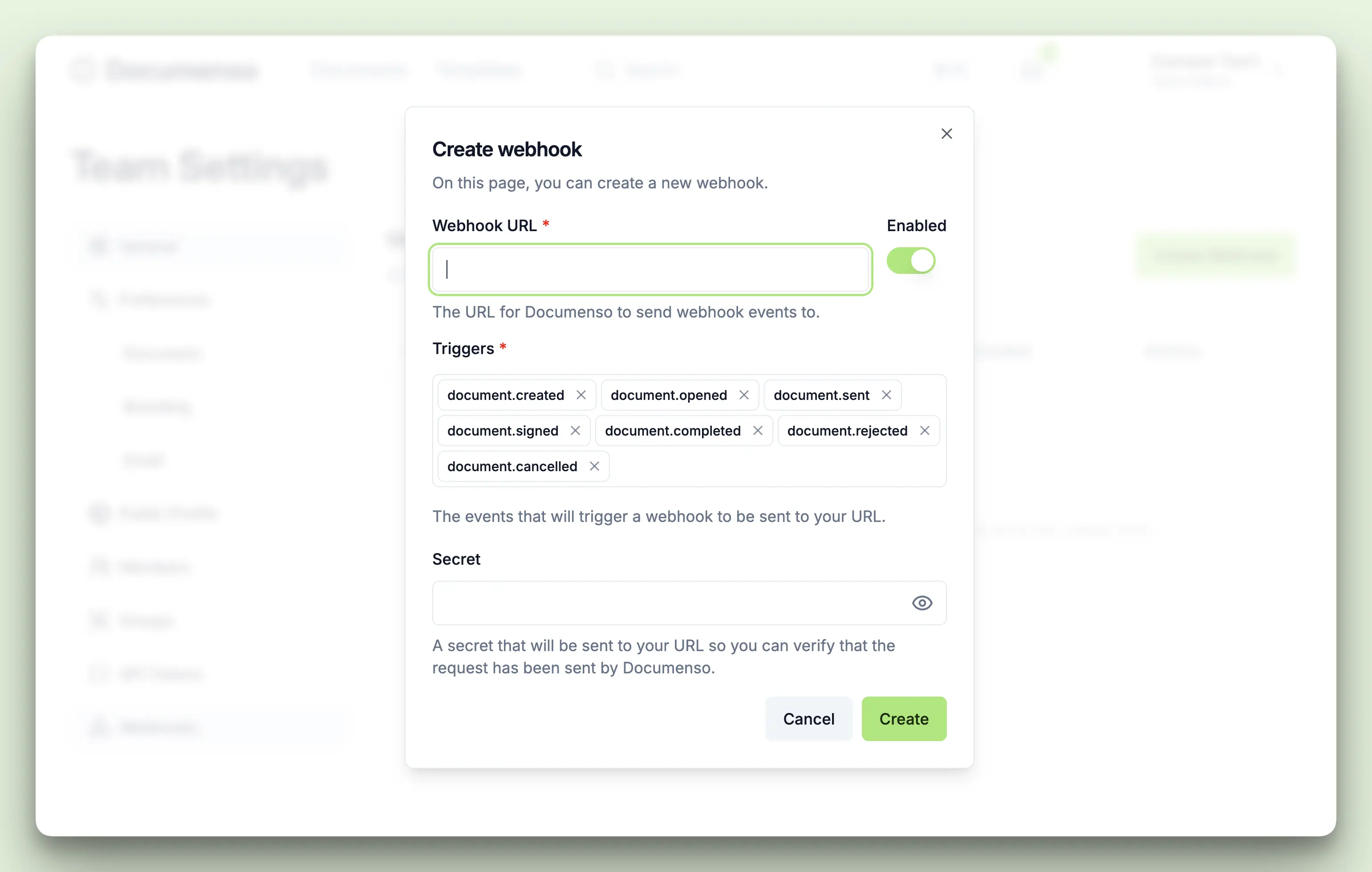 Create webhook dialog