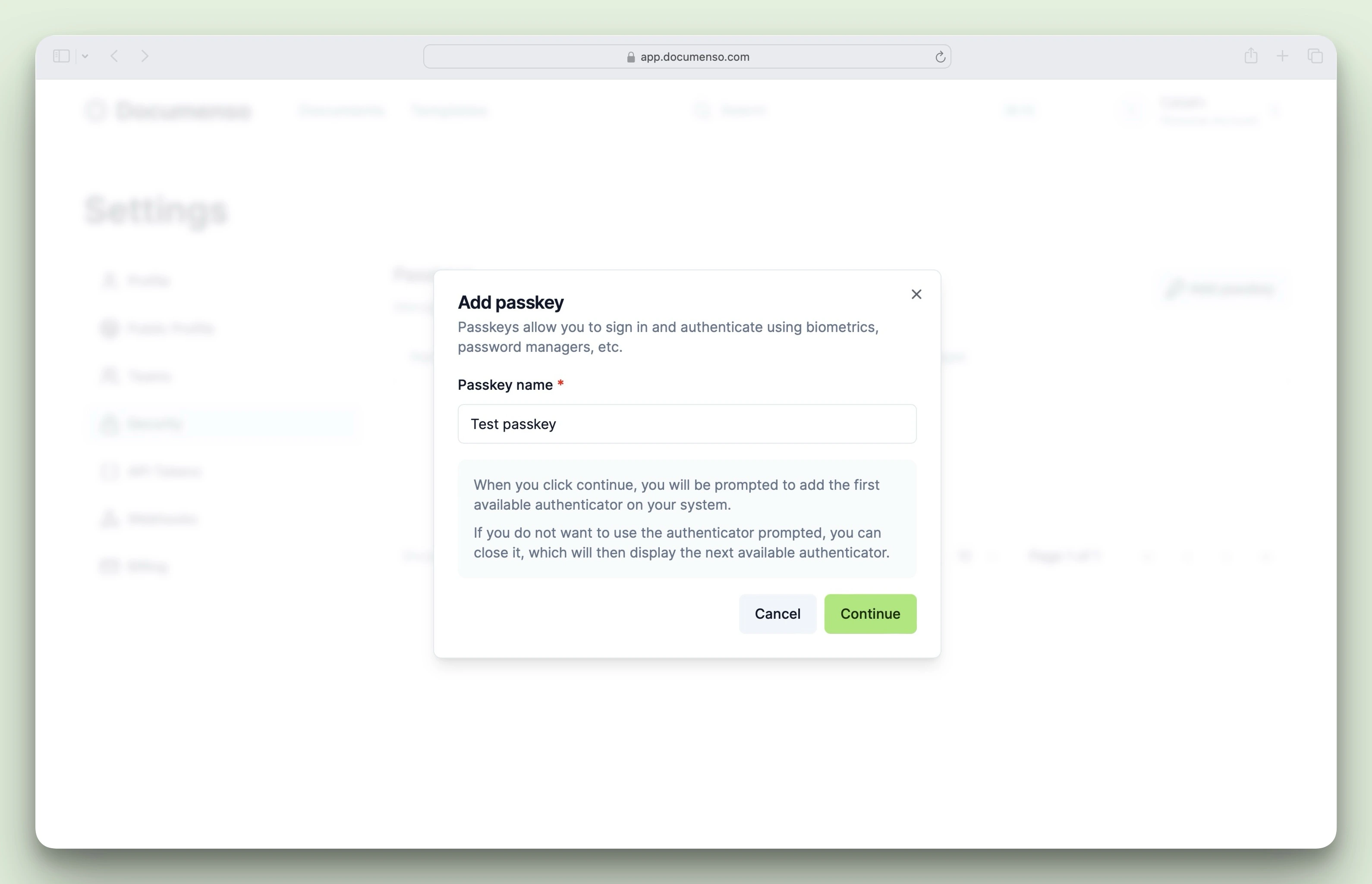 Add passkey dialog
