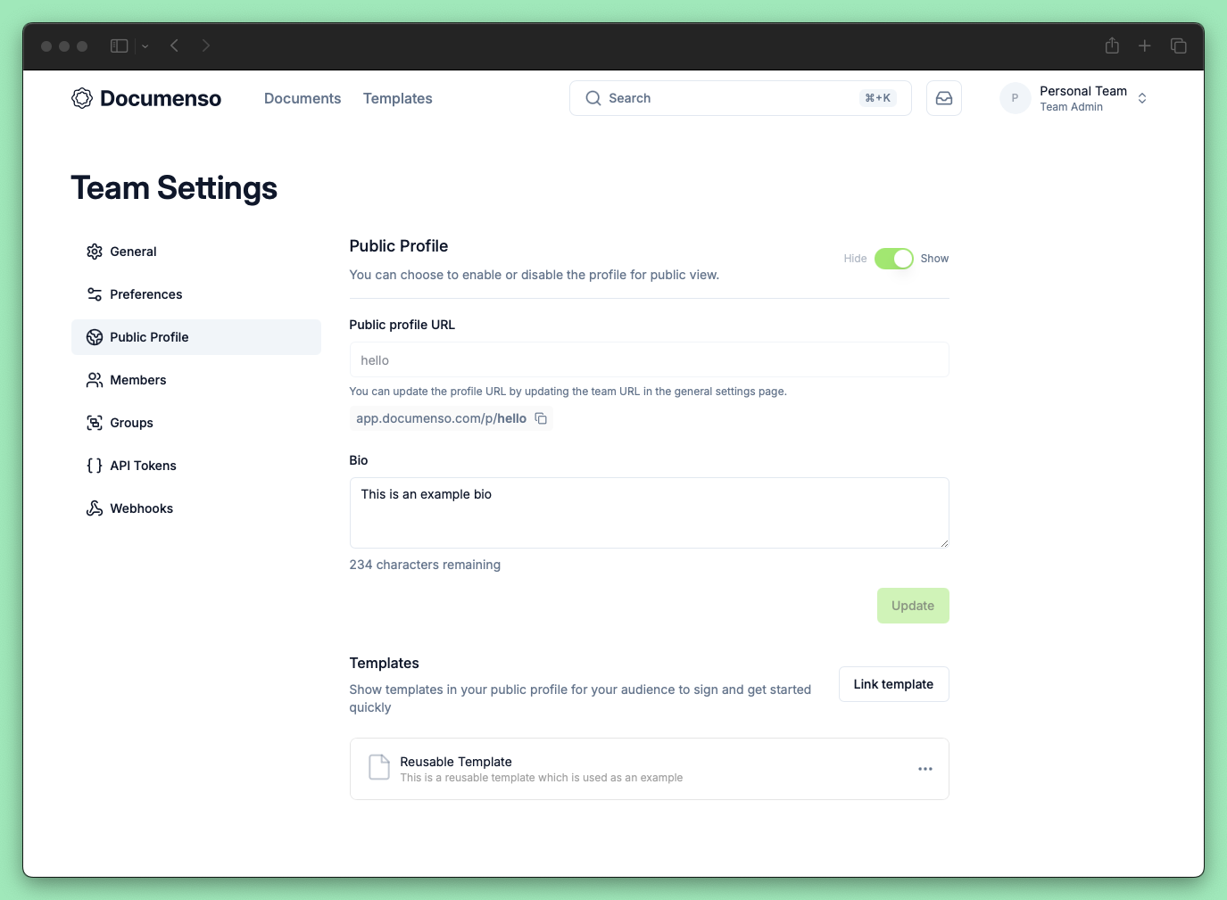 Public profile settings