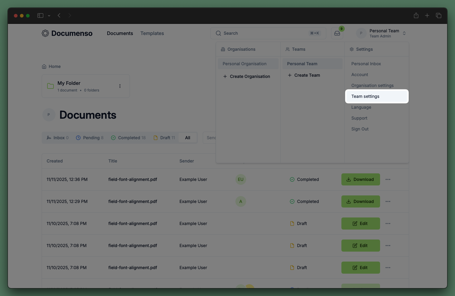 User dropdown menu