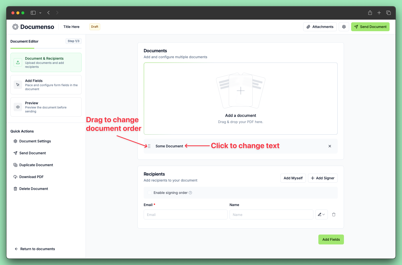Adding recipients with email, name, and role options