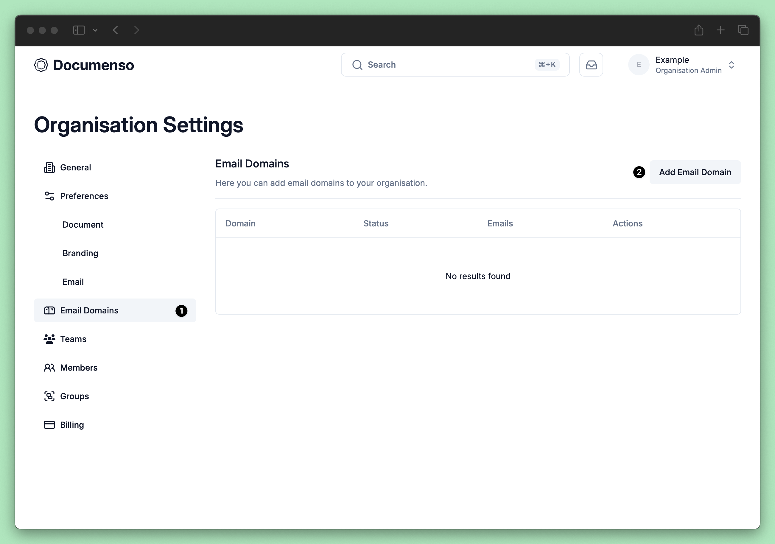 Email Domains settings page