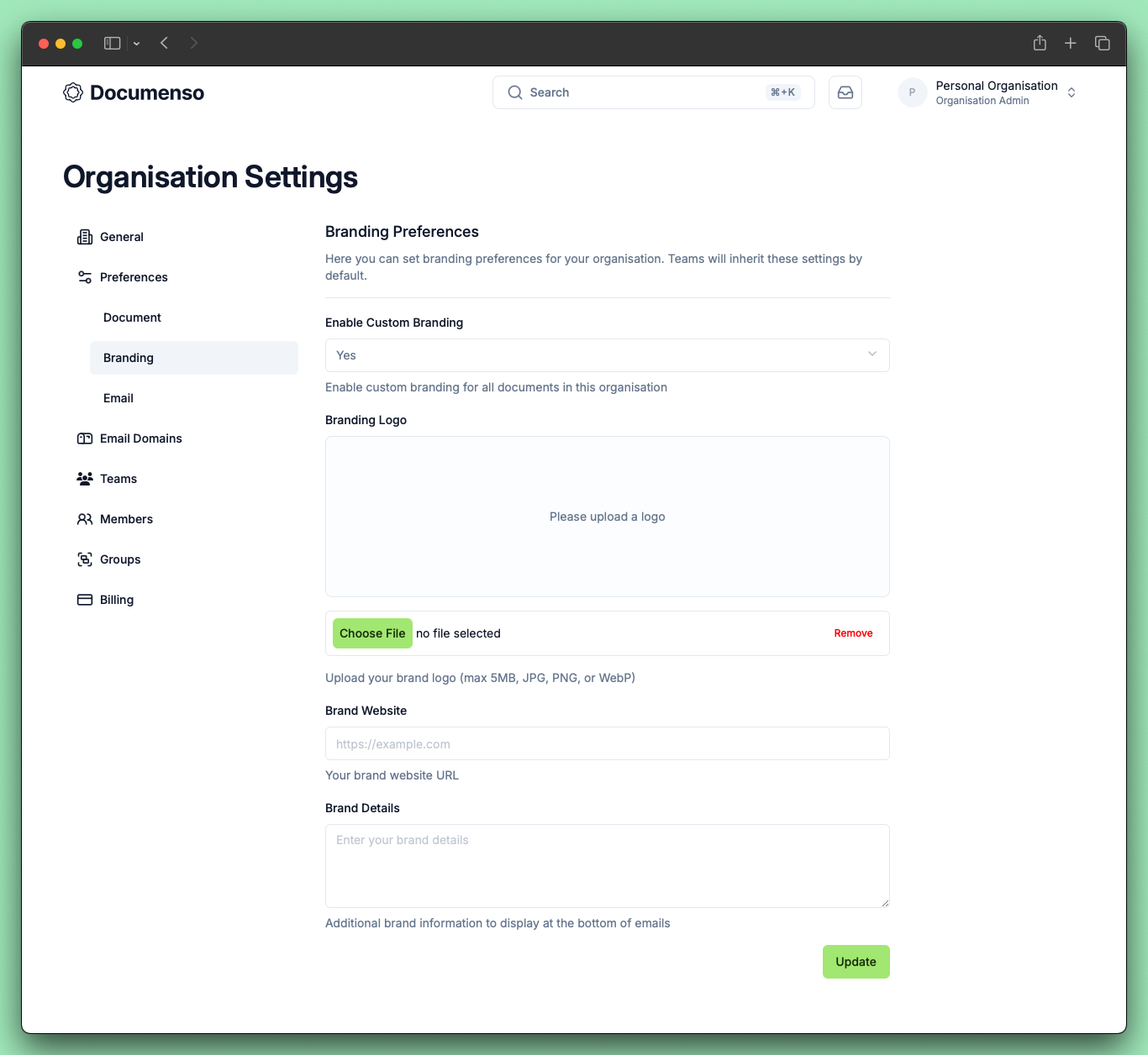 Branding settings page