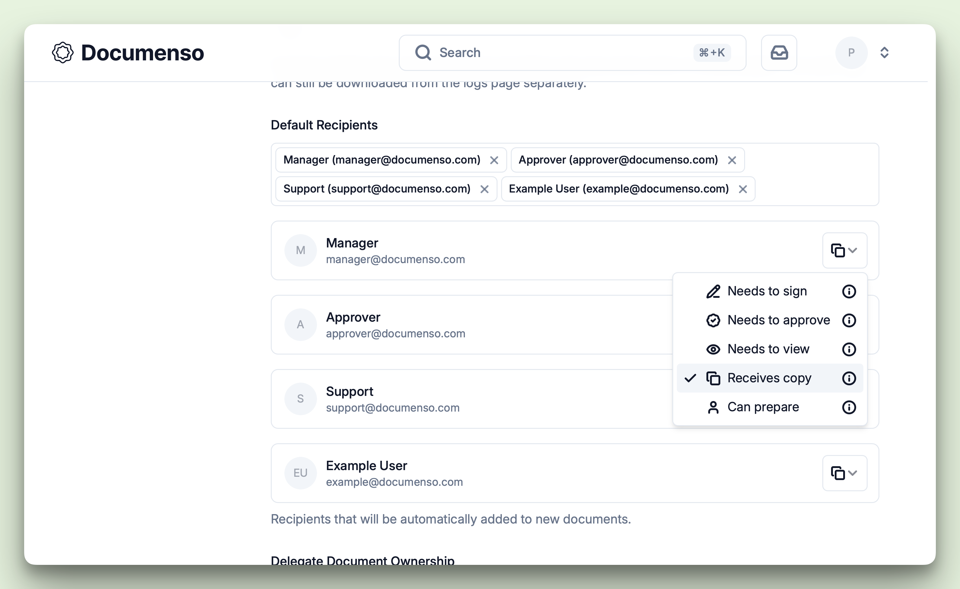 A screenshot of the organisation's default recipients page when selecting the role of the recipient