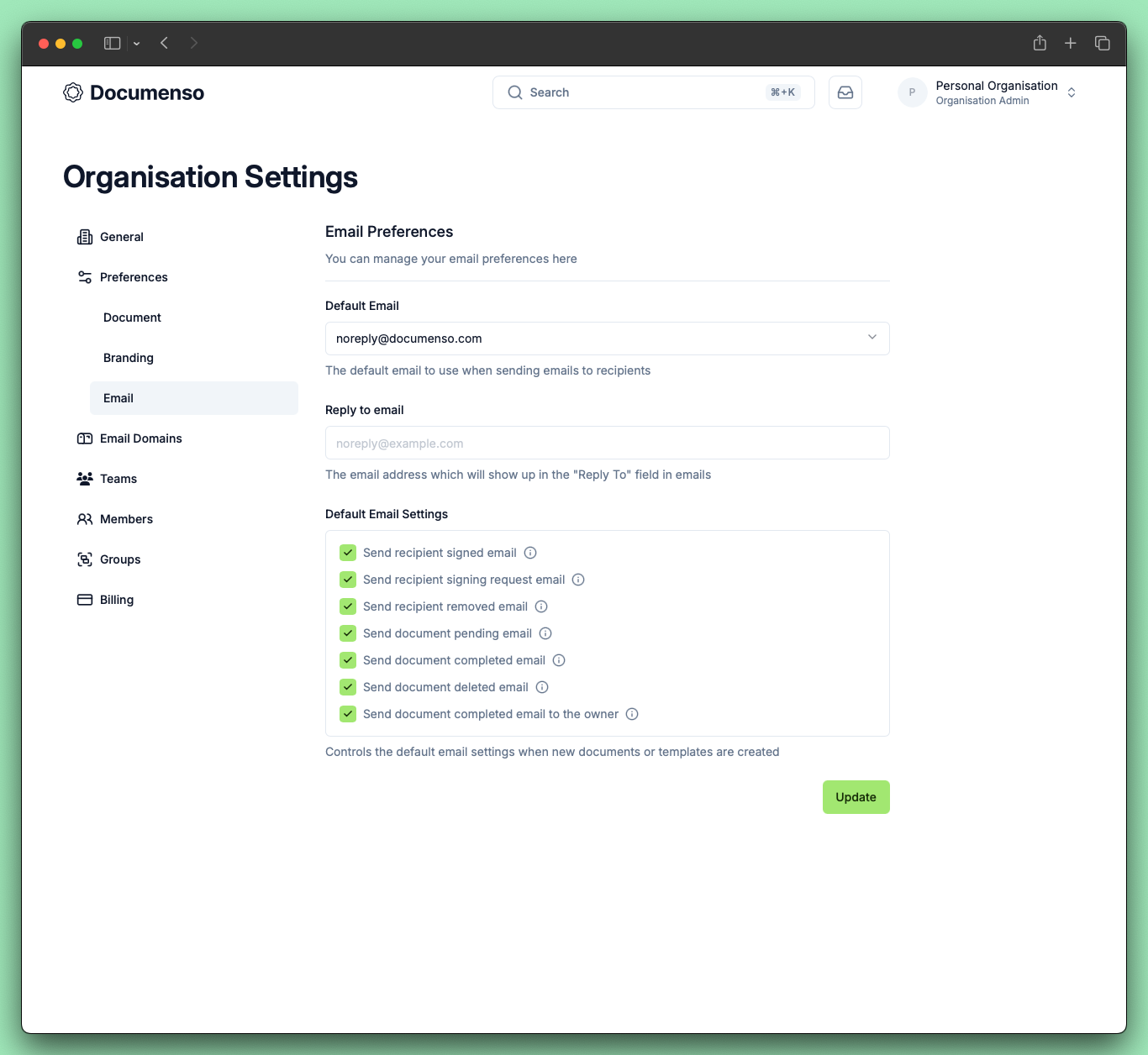 A screenshot of the organisation's email preferences page