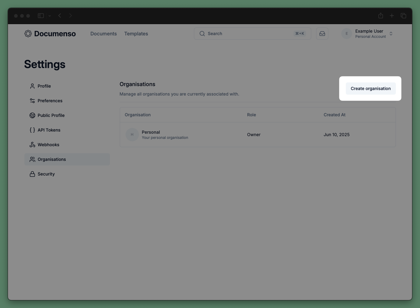 Create organisation in Documenso dashboard