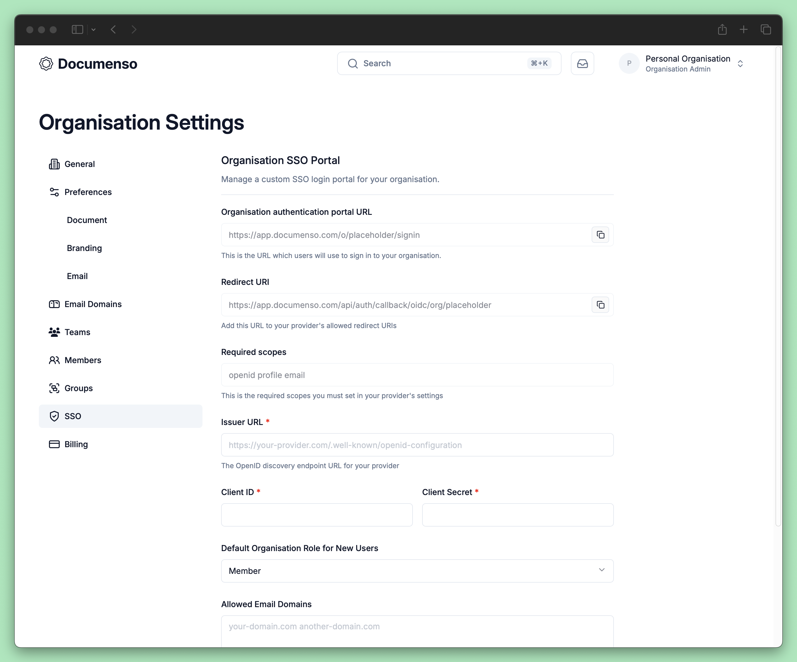 SSO settings page