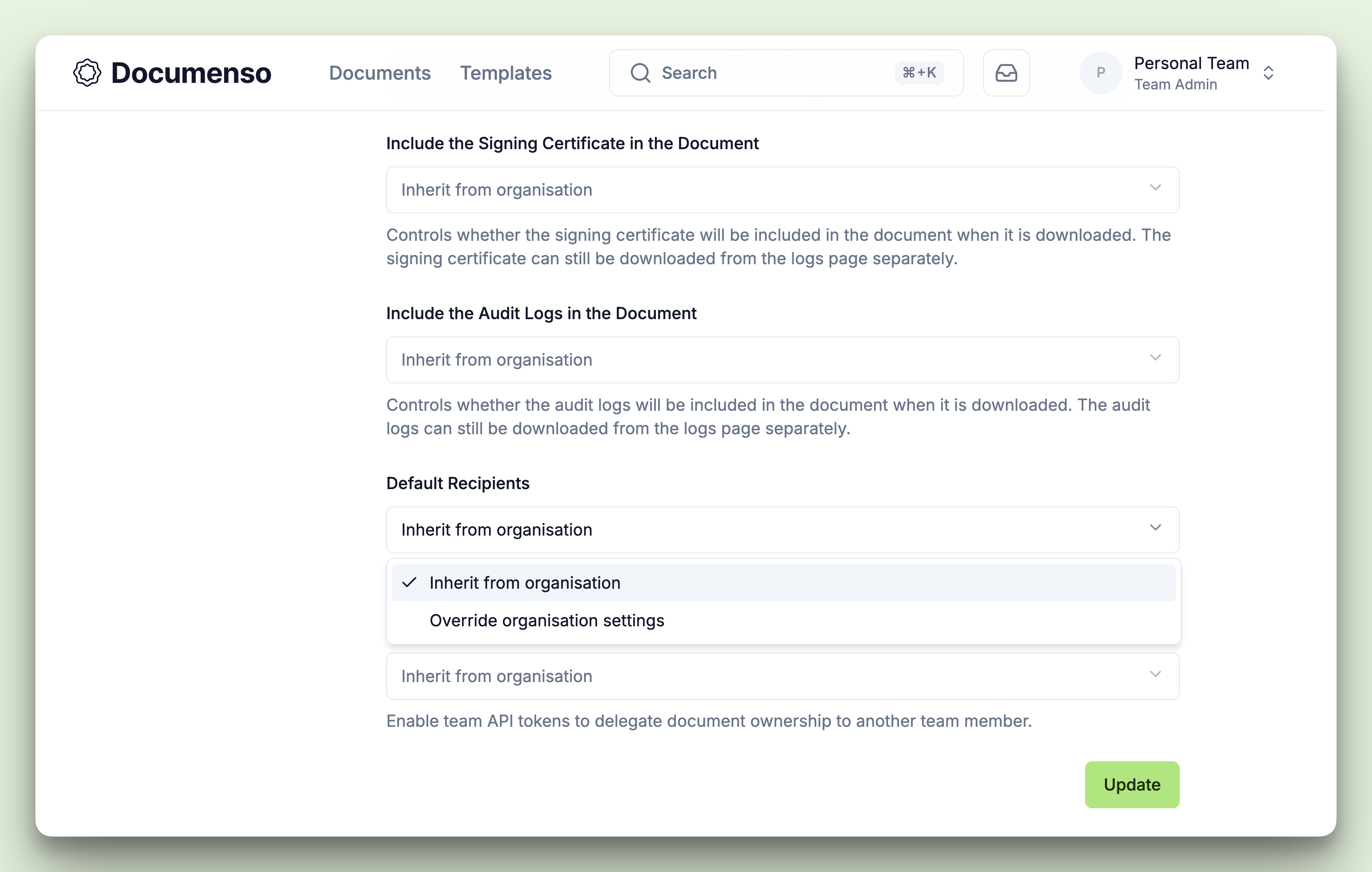 A screenshot of the team's default recipients page