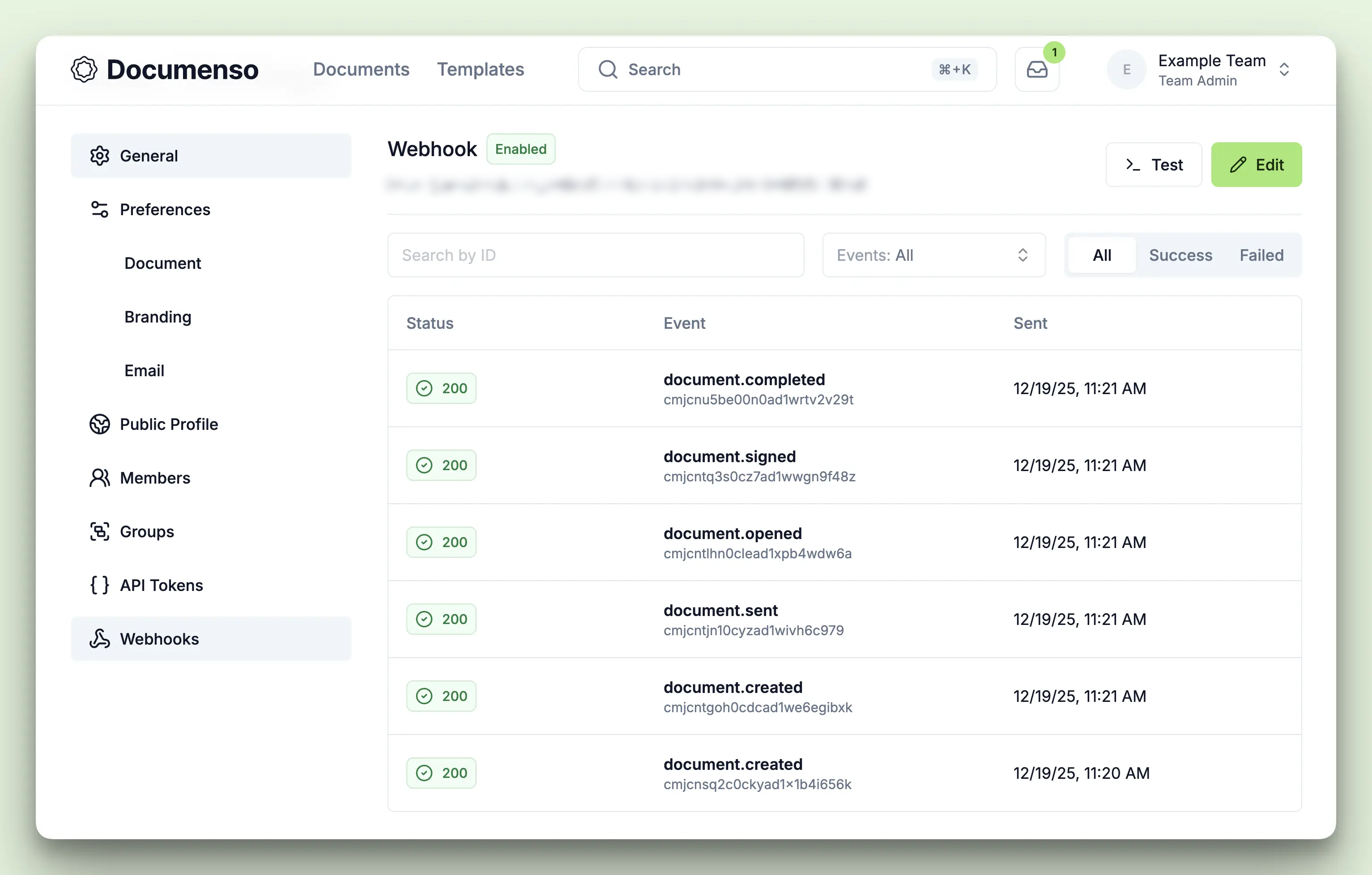 Webhook detail page