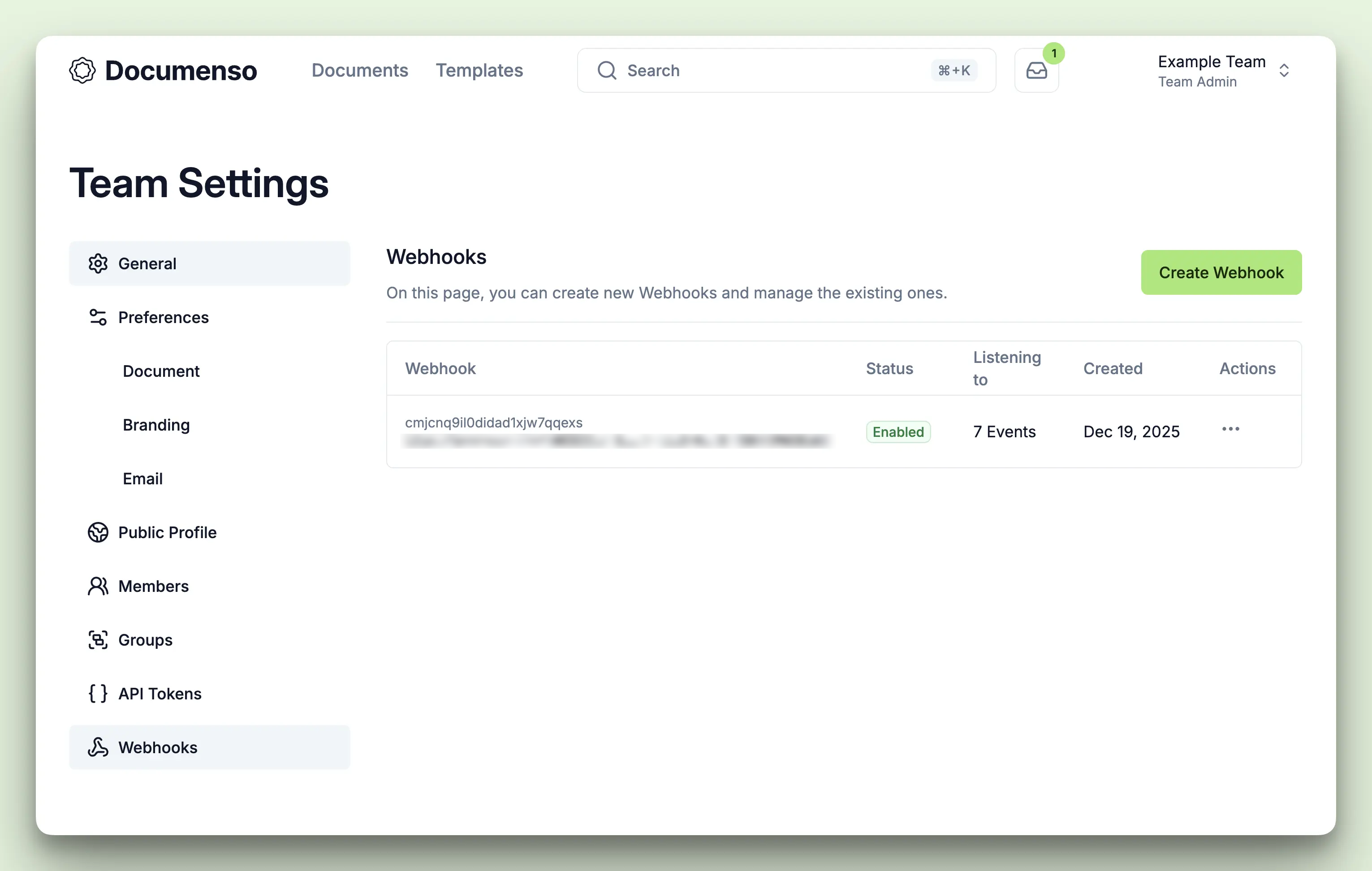 Webhooks settings page